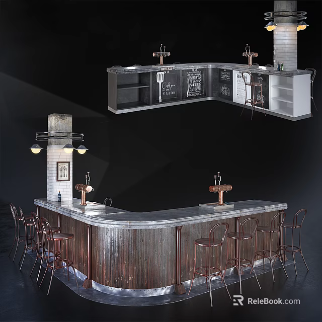 Modern Metal Bar Counter Interior With Bar Stools And Hanging Lights 3d model