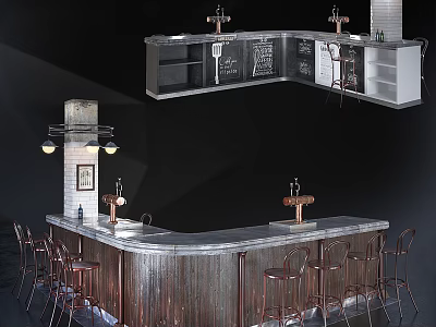 Modern Metal Bar Counter Interior With Bar Stools And Hanging Lights 3d model
