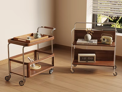 Wooden and Metal Rolling Side Carts with Multiple Shelves Tray Vase Radio Clock and Magazines 3d model