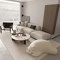 Modern Living And Dining Room Interior With TV Wall Wooden Shelves And Coffee Tables