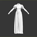 Woman In White Long Dress With Puffed Sleeves V Neck High Waist And Flowy Skirt