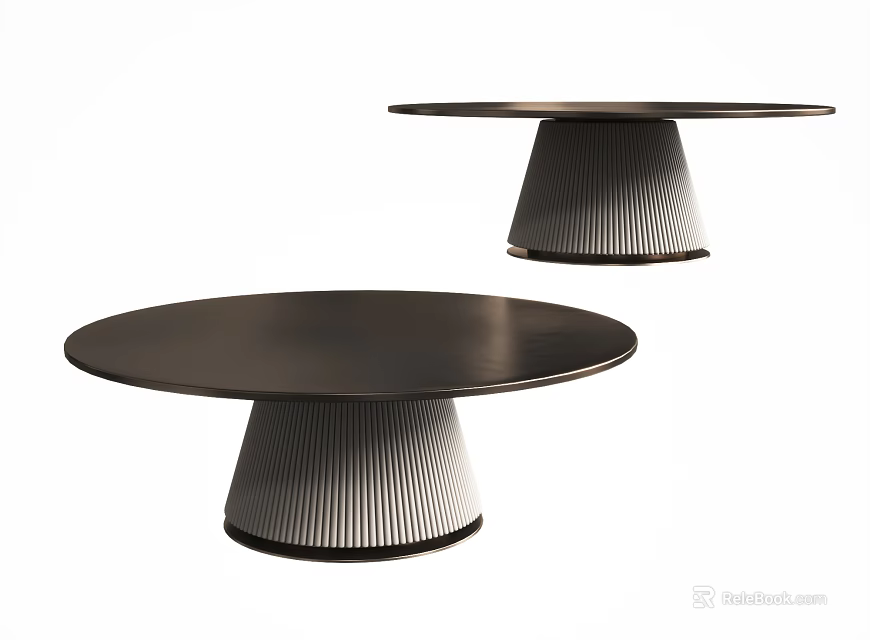 Modern Pair of Coffee Tables with Round Dark Tabletop and Striped Base Design 3d model 
