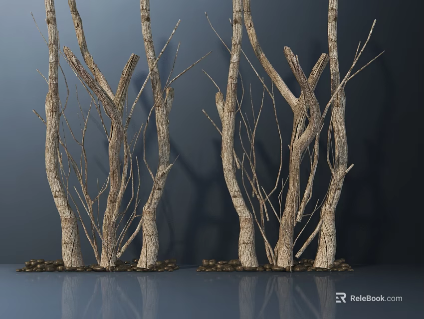 Natural Tree Branch Partition for Interior Decoration with Dried Trunks and Pebble Base 3d model 