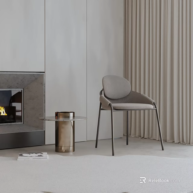 Modern Gray Accent Chair With Metal Legs And Round Side Table Near Beige Curtains 3d model 