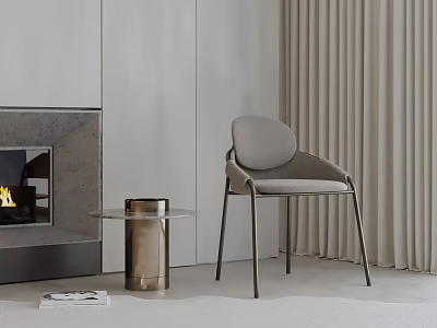 Modern Gray Accent Chair With Metal Legs And Round Side Table Near Beige Curtains 3d model
