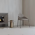 Modern Gray Accent Chair With Metal Legs And Round Side Table Near Beige Curtains