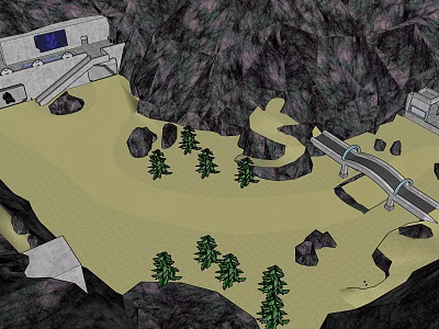 Cartoon Scenic Landscape With Purple Mountains Sandy Ground Small Trees Bridge And Buildings 3d model