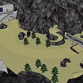 Cartoon Scenic Landscape With Purple Mountains Sandy Ground Small Trees Bridge And Buildings
