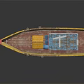 Wooden Boat with Weathered Blue Cabin Yellow Deck Red Bow and Antennas
