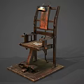 Vintage Electric Chair Featuring Metal Frame Wooden Seat Restraints And Base