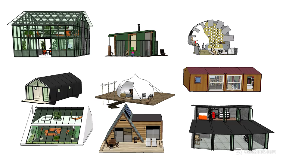 Diverse Small House Designs Featuring Modern Glass And Wooden Structures 3d model 