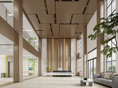 Modern Reception Area With Wooden Ceiling And Greenery 3d model