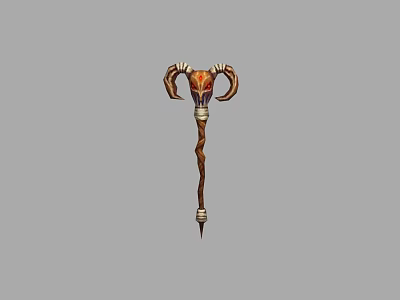 Horned Decorative Weapon Staff With Twisted Wooden Body And Ornate Metal Accents 3d model