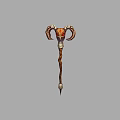 Horned Decorative Weapon Staff With Twisted Wooden Body And Ornate Metal Accents