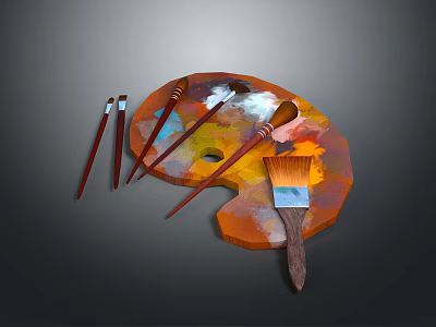 Essential Daily Life Art Supplies With Wooden Palette And Colorful Paintbrushes For Painting 3d model