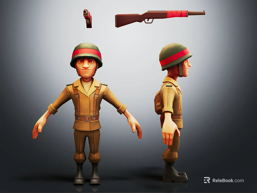 Cartoon Soldier Character In Military Uniform With Helmet Backpack And Red Accent Rifle 3d model 