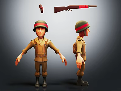 Cartoon Soldier Character In Military Uniform With Helmet Backpack And Red Accent Rifle 3d model