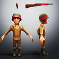 Cartoon Soldier Character In Military Uniform With Helmet Backpack And Red Accent Rifle