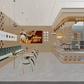 Modern Dessert Shop Interior With Wooden Walls Green Booth Seats Hanging Lights And Display Cases