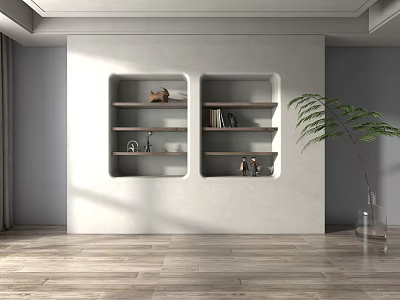 Modern Interior With Built In Decorative Shelves Displaying Items And Green Plant On Wooden Flooring 3d model