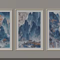 Three Abstract Paintings with Blue Mountains Orange Leaves Boats Pavilions in Light Frames on Wall