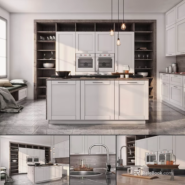 Modern White Kitchen Interior With Central Island Cabinets And Appliances 3d model 