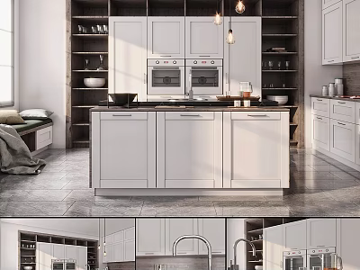 Modern White Kitchen Interior With Central Island Cabinets And Appliances 3d model