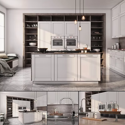 Modern White Kitchen Interior With Central Island Cabinets And Appliances 3d model