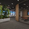 Modern Public Office Space With Large Green Plants Wooden Partitions And Meeting Table