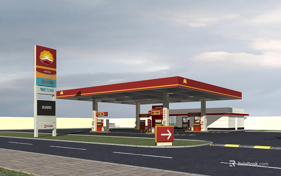 Modern Gas Station With Red Roof Fuel Pumps And Directional Sign 3d model 
