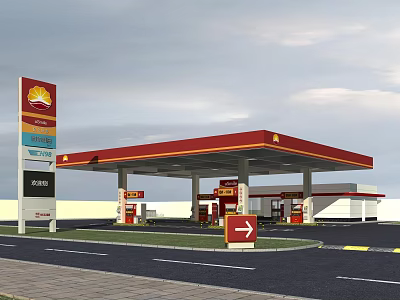 Modern Gas Station With Red Roof Fuel Pumps And Directional Sign 3d model
