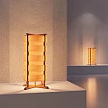 Natural Wooden Table Lamp With Stacked Panels And Warm Light On
