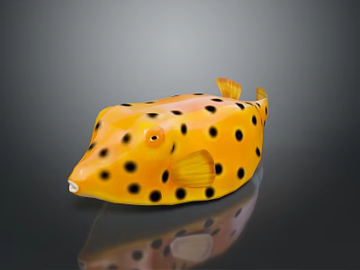 Yellow Puffer Fish With Black Spots On Shiny Surface Showing Reflection 3d model