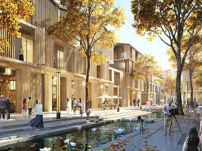 Vibrant Commercial Landscape with Wooden Buildings Pedestrians Water Pool Swans Autumn Trees and Photographer 3d model