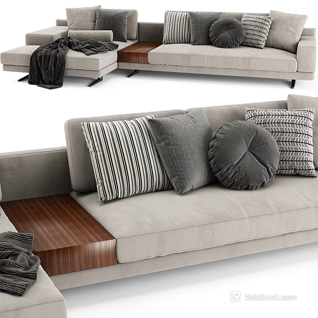 Light Gray Sectional Sofa with Multiple Patterned Pillows Wooden Side Table and Throw Blanket 3d model