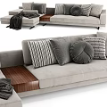Light Gray Sectional Sofa with Multiple Patterned Pillows Wooden Side Table and Throw Blanket 3d model