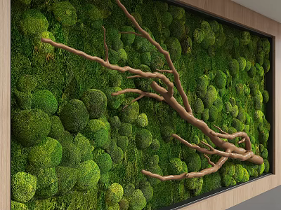 Natural Green Moss Wall Design With Decorative Branches And Lush Texture 3d model