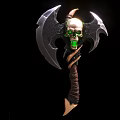 Fantasy Battle Axe With Skull Head Green Glowing Eyes Sharp Blades And Wrapped Handle