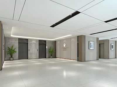 Spacious Modern Elevator Lobby With Potted Plants And Art Decor 3d model