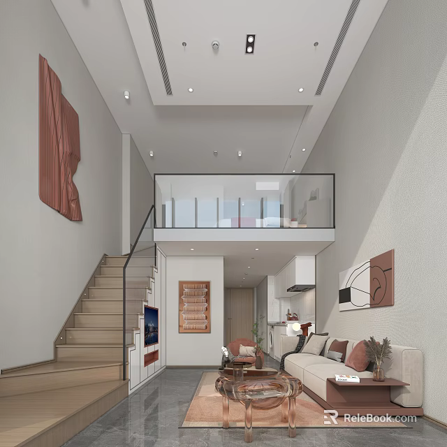 Modern Loft Apartment Interior With Stairs Living Room Sofa And Decorative Paintings 3d model 