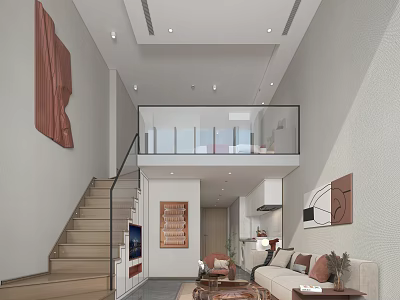 Modern Loft Apartment Interior With Stairs Living Room Sofa And Decorative Paintings 3d model