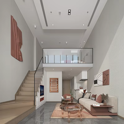 Modern Loft Apartment Interior With Stairs Living Room Sofa And Decorative Paintings 3d model