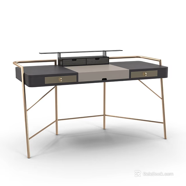 Modern Dressing Table With Black Surface Golden Metal Legs And Storage Drawers 3d model 
