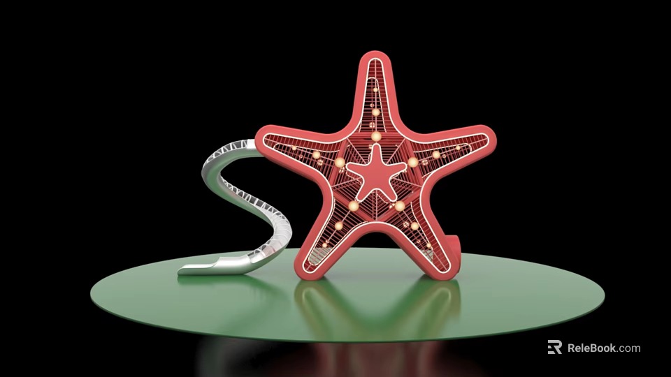 Decorative Red Starfish With Grid Light Bulbs And Silver S Shaped Object On Green Platform 3d model 
