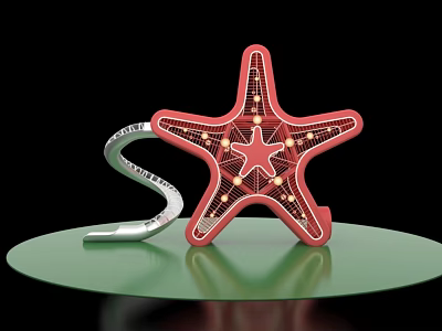 Decorative Red Starfish With Grid Light Bulbs And Silver S Shaped Object On Green Platform 3d model