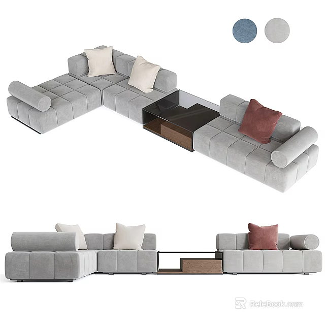 Modern L Shaped Gray Sectional Sofa With Decorative Pillows And Coffee Table 3d model