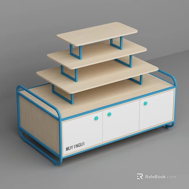 Baby Store Display Shelf With Multi Layer Wooden Design Blue Frame Cabinet And Green Knobs 3d model