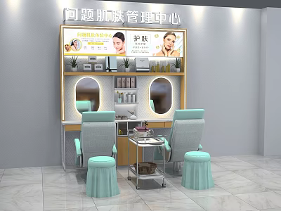 Display Shelves in Skin Care Center with Skincare Products Mirrors and Chairs 3d model