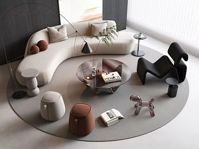 Modern Curved Sofa and Round Coffee Table Set with Cushions Ottomans Floor Lamp and Plants 3d model