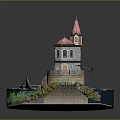Cartoon Scene Featuring Pink Spire Tower Water Area Small Boat Bridge And Green Plants